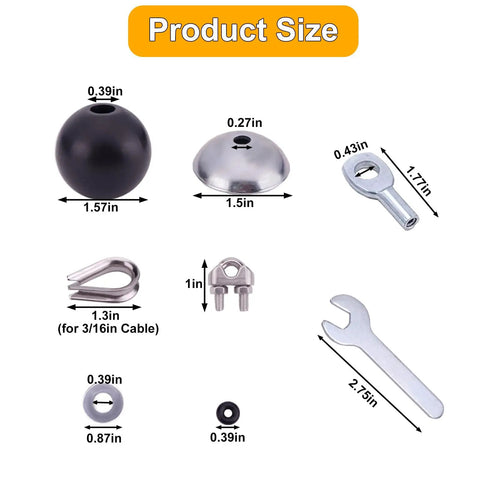 Replacement Cable Kit For Lat Pulldown And Low Row Machines, 32.8 Ft 5.0mm PU Coated Steel Wire Rope, component sizes displayed