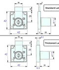 Diagram of key alike drawer locks with measurements for standard and thickened latches for cabinets desks office furniture mailboxes