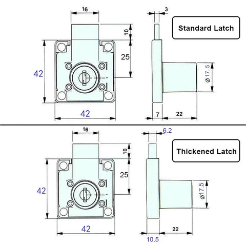 Diagram of key alike drawer locks with measurements for standard and thickened latches for cabinets desks office furniture mailboxes