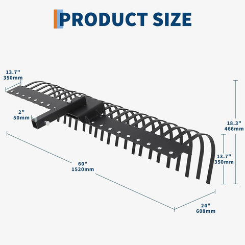 Diagram of Tow Behind Landscape Rake 60 Inch Dethatcher with 21 Steel Coil Tines showing dimensions for lawn cleanup attachment.