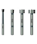 Sweet Four Piece Forstner Drill Bit Set With Serrated Tips And Sharp Spurs For Flat Bottom Holes In Woodworking Carpentry, sizes displayed.