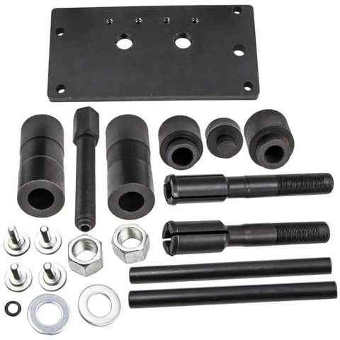 Get This Hot Installer Puller Tool For Twin Cam Engines Perfect For 1999 To 2006 Models With Awesome Locking Mechanism For Quick And Easy Installation Plus Removal Jobs Without Any Headaches Or Struggles. Black steel puller tool kit with bolts, nuts, washers, and sleeves