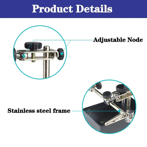 Close-up of adjustable node and stainless steel frame of 2.5X 7.5X 10X LED Light Helping Hands Magnifier Soldering Station.