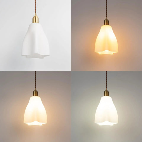 Kiven Instant Light Conversion Kit for 4/5/6inch Hole, 2-Light Glass pendant lamp in white and brass, adjustable cord.