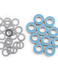 Five Pack 5116 Ball Bearings With Blue Rubber Seals And 1985 PTFE Coated Washers For RC Cars, bearings and washers displayed.