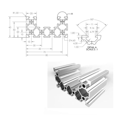 Technical drawing and 3D render of C Beam Aluminum Profile 4080 40x80mm Set Black Anodized For CNC Machines And 3D Printers