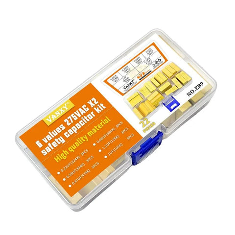 Six Value MKP Safety Capacitor Kit Set With 22 Pieces, 275VAC X2, 22.5mm Pitch, 0.22uF 0.33uF 0.47uF 0.68uF 1uF 1.2uF in yellow case