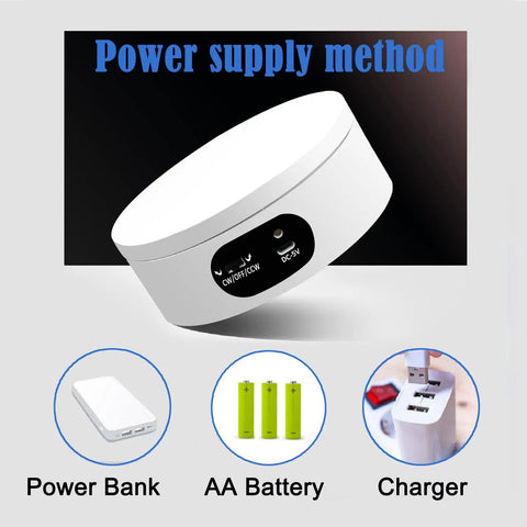 360 Degree Automatic Rotating Display Stand With Mute Electric Motor For Product Photography Video And Glitter Tumbler Making Supplies Spinner Base, showing power supply methods.