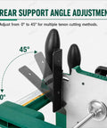 Heavy Duty Woodworking Tenoning Jig With Adjustable Support Plate And 0 45 Degree Clamp, showing rear support angle adjustment.