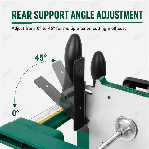 Heavy Duty Woodworking Tenoning Jig With Adjustable Support Plate And 0 45 Degree Clamp, showing rear support angle adjustment.