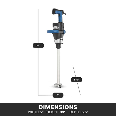 Top Shelf Commercial Immersion Blender With 18 Inch Stainless Steel Shaft And Variable Speed Motor, dimensions displayed.