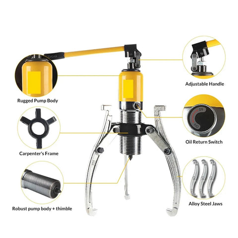 Close-up of Heavy Duty Hydraulic Gear Puller Plus Wheel Bearing Separator, featuring alloy steel jaws and adjustable handle.