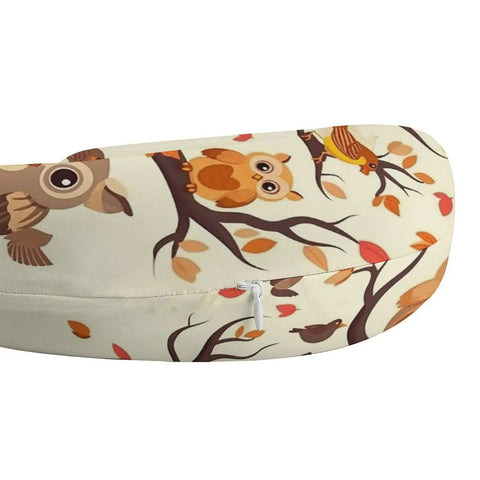 Close-up of Cartoon Family Owls On The Brown Tree U Shaped Travel Pillow With Memory Foam Core, showing owl print and zipper