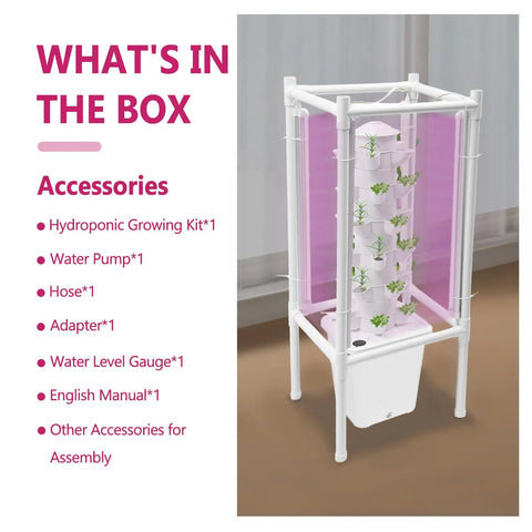 Vertical Hydroponics Tower Kit For Indoor Garden 30-Plant No-Fuss Space-Saving Garden Tower With LED Grow Light, included accessories