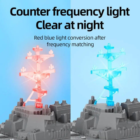 Remote Control Warship RC Battleship 2.4GHz Boat for Lakes and Rivers with red blue light conversion on ship structure.