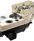 Skip The Heavy Cash Counting Grind With This Smooth Operator Coin Sorter Running High Speed Roller Sorting On Any Mixed Denomination Featuring An Easy Read Digital Display And Ultra Quiet Flow with coins in tray.
