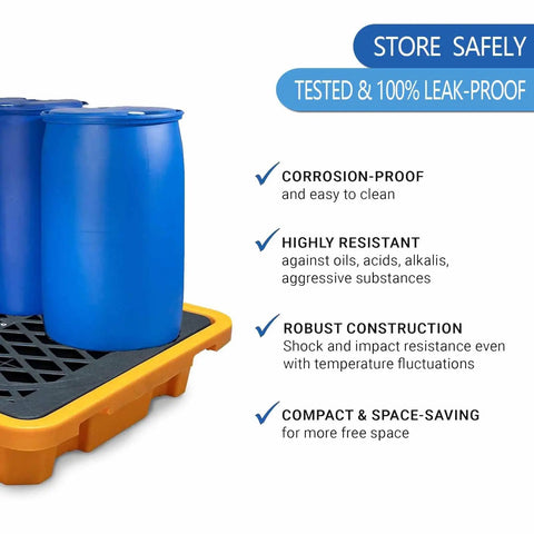 Yellow Spill Containment Pallet With Flat Top Grating For Factory Warehouse And Basement Storage Rugged Built Polyethylene Platform