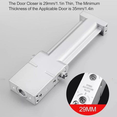 Close-up of Concealed Hydraulic Door Closer With Soft Close Damper And Hold Open Feature, Anti Slam Gate Closer, ultra-thin 1.1 inch body