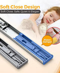 Close-up of 22 Inch Heavy Duty Soft Close Drawer Slides Set with 10 Pairs Side Mount Ball Bearing Rails Brushed Nickel Finish near sleeping child.
