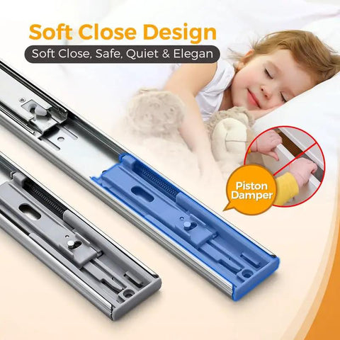 Close-up of 22 Inch Heavy Duty Soft Close Drawer Slides Set with 10 Pairs Side Mount Ball Bearing Rails Brushed Nickel Finish near sleeping child.