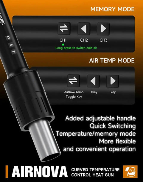 Beastly 1200W Smart Hot Air Rework Station With Flare Nozzle showing memory and air temp modes, curved temperature control.