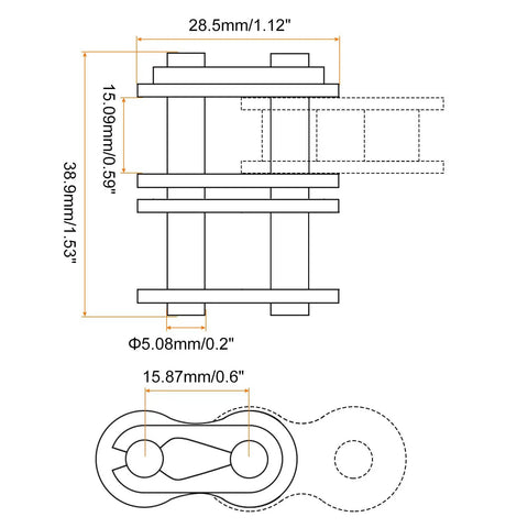 Technical drawing of Eight Piece Double Roller Chain Master Connector Links for 10A-2 and 50-2 roller chains, 15.875mm pitch