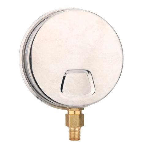 4-inch glycerin-filled plumbing pressure gauge, stainless steel case, 0-60 psi, 1/4 in NPT lower mount.