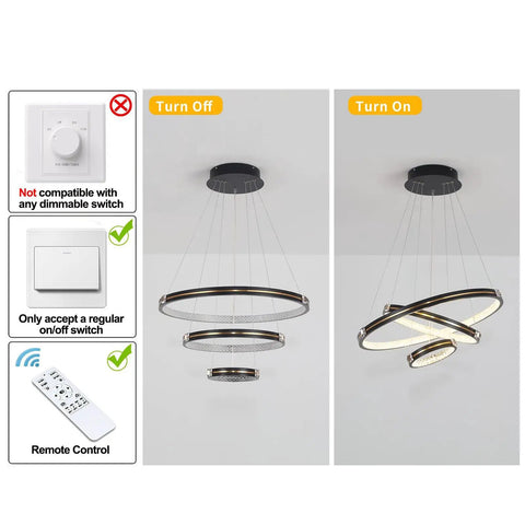 Three Ring Modern LED Pendant Light Dimmable Contemporary Chandelier In Black Acrylic 76W Hanging Fixture turned on and off