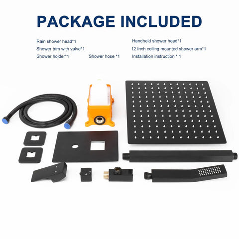 Package contents of 12 Inch Ceiling Mount Shower System With High Pressure Rainfall Shower Head, Luxury Full Body Coverage Kit