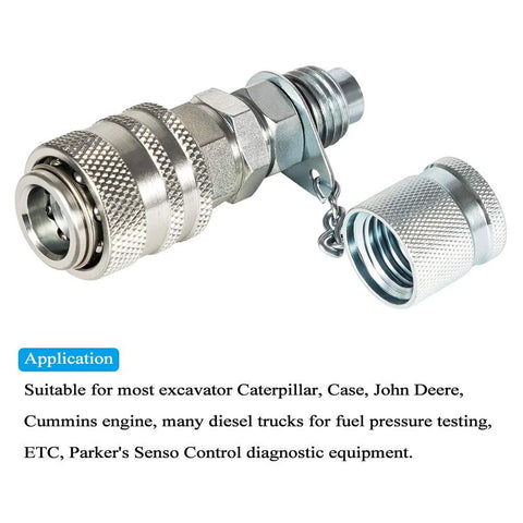 Side view of chrome-plated hydraulic pressure test coupling with cap and chain.