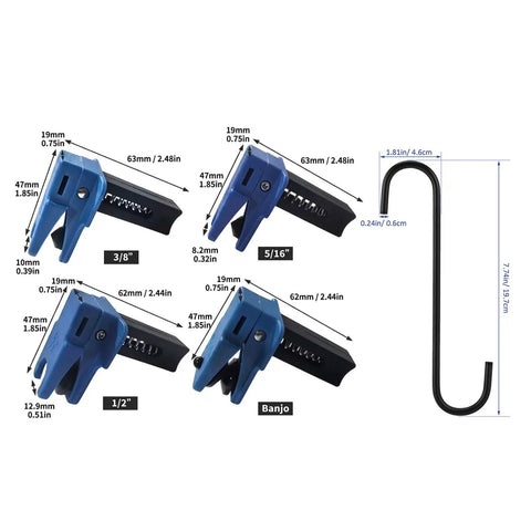 Must-Have Brake Hose Clamp Set With 4 Spring Pinch Tools And 2 Hooks, Featuring Mixed Grip Shapes For Fast Brake Fluid Control And Quick Garage Maintenance Work In Any Car Repair Shop Job blue spring clamps and hook with size labels