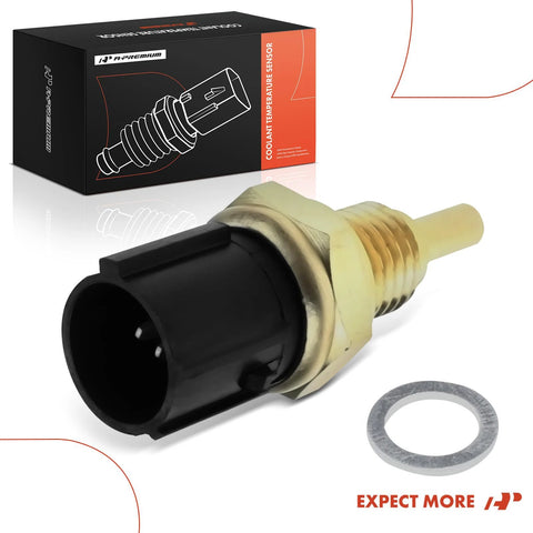 A-Premium coolant temperature sensor; black plastic connector and brass threaded body with washer, front view.