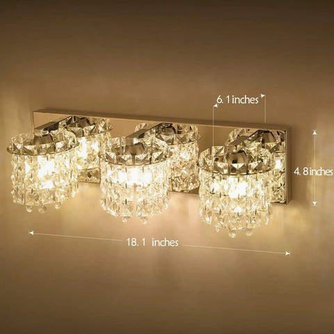 3 Light Vanity Light With Crystal Drops In Polished Chrome Finish Modern Silver Bathroom Wall Sconce Over Mirror Crystal Drops Bath Fixture For A Lit And Sleek Modern Bath