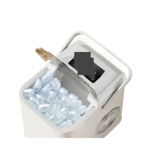 Slick Countertop Portable Nugget Ice Maker With Hella Quick Freezing Ability And Easy Self Cleaning System Holding Twenty Six Pounds Of Chunky Ice visible with ice inside.