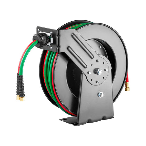 Auto-Rewind Welding Hose Reel For 1/4-Inch X 50-Foot Twin Oxygen Acetylene Rubber Hose Up To 300 PSI with non-snag rollers