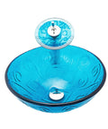 USZWBY Bathroom Vessel Sink, Tempered Glass Vessel Sink Sky Blue Round Basin Washing Bowl Set with Faucet Pop-Up Drain and Water Pipe, Countertop Installation - top view with swirl patterns.