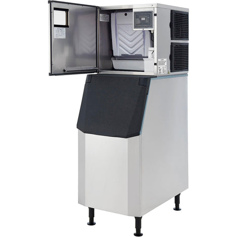Heavy Duty Commercial Ice Maker With 230 Lb Storage Bin And Air Cooled Design, shows open door for ice access.