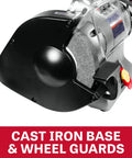 Close-up of Bad Boy Workhorse 8 Inch Angle Grinder And 2 X 48 Belt Sander Combo showing cast iron base and wheel guards.