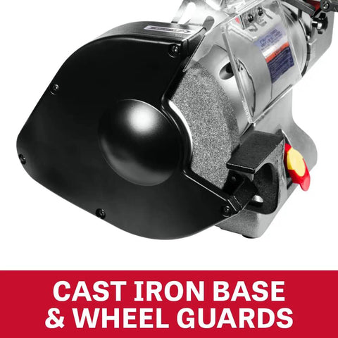 Close-up of Bad Boy Workhorse 8 Inch Angle Grinder And 2 X 48 Belt Sander Combo showing cast iron base and wheel guards.