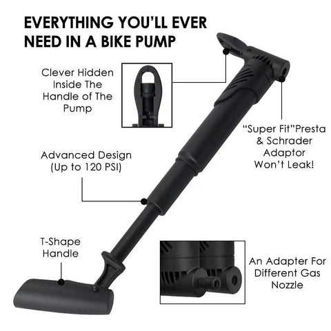 120 Psi mini pump from Bike Tire Repair Kit With Waterproof Saddle Bag On The Go, features T-shape handle and adaptor options.