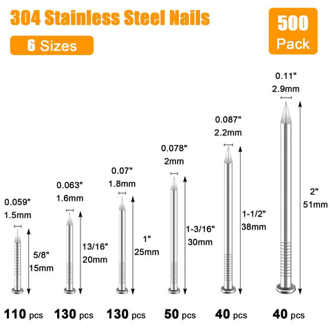 500Pcs Stainless Steel Wall Nails Set, 6 Sizes Finishing Nails For Hanging Picture Frames Like A Pro, Shelves, Wood And Drywall