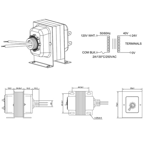 Technical diagram of Doorbell Transformer 24V 40VA For Ring Doorbell, UL Listed Wired Kit, showing dimensions and wiring details.