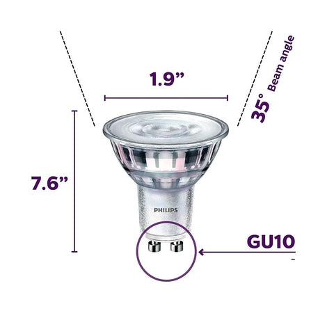 Dimensions and design of LED GU10 Dimmable Spotlight Bulbs Pack Of 3 Bright White 50 Watt Equivalent Energy Star Certified Title 20 Compliant