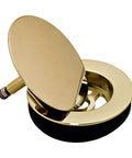 Top Shelf Smooth Operation Heavy Duty Cable Drive Bathtub Drain Trim Kit With 27 Inch Pull Chain Rotary Overflow Knob and Pop Up Stopper Plus Polished Brass Poly Tubular Pipe and Hardware Set: Polished brass pop-up stopper with sleek design.