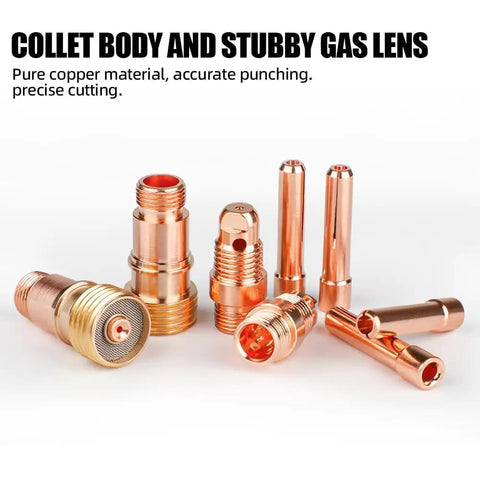 Copper stubby gas lens and collet body from 100 Piece TIG Welding Torch Kit With Glass Cup And Stubby Gas Lens For WP 17 18 26 Torches