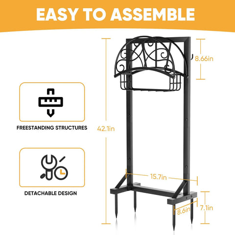 Diagram of Beefy Garden Hose Holder With Storage Basket And Tool Hooks Freestanding Metal Hose Stand dimensions