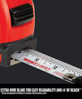 ProReach 25 Foot Magnetic Tape Measure With 14 Foot Reach For Solo Projects, close-up of blade extension and casing