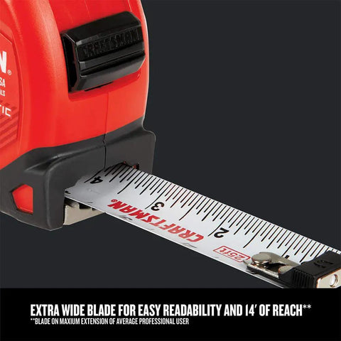 ProReach 25 Foot Magnetic Tape Measure With 14 Foot Reach For Solo Projects, close-up of blade extension and casing