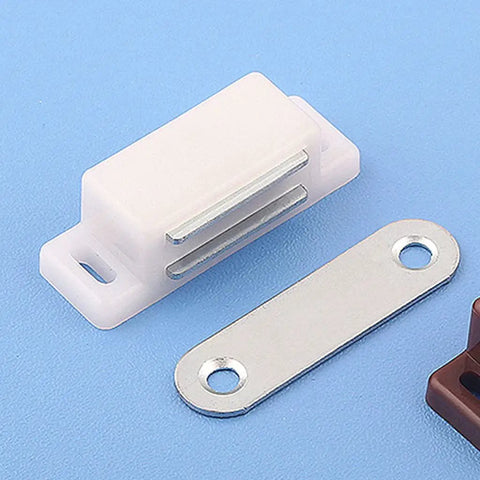 Magnetic Cabinet Catches With Hidden Door Stop for Closet and Cupboard, white and stainless steel components on blue background