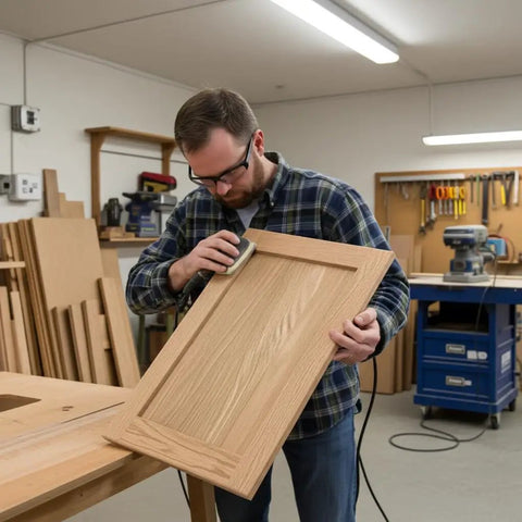 Man sanding a Killer Unfinished Oak Shaker Kitchen Cabinet Door Replacement 14 Width 17 Height in workshop.